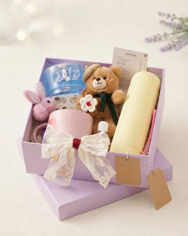 A lavender gift box with a teddy bear, pink mug, yellow flask, bunny pen and lace bow.