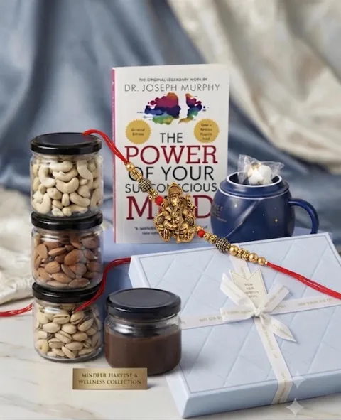 A Rakhi gift with jars of nuts and chocolate spread, a book, a blue mug and a ribbon-tied gift box.